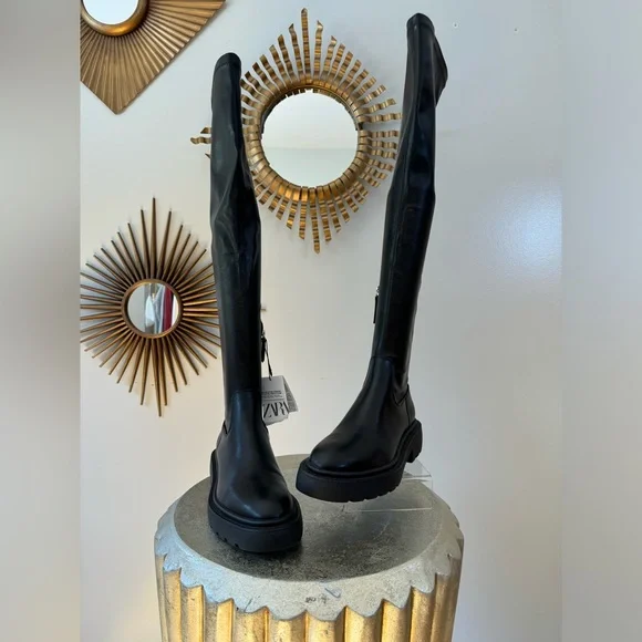 ZARA - Black Over The Knee Lug Sole Boots - Picture 2 of 9